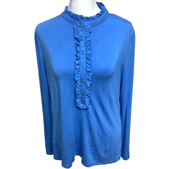 Talbots Blue Long Sleeve Ruffle Button Top M Feminine Cottagecore Regency Casual - Picture 1 of 7